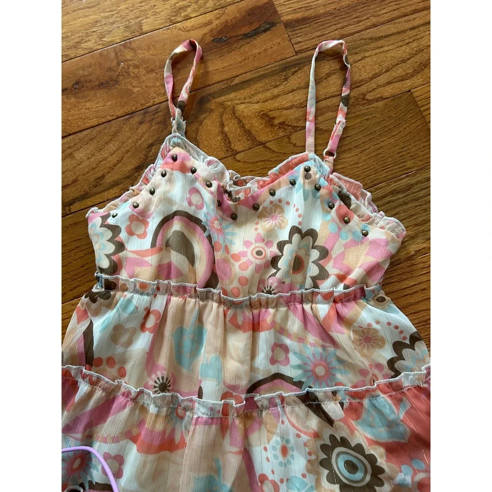 Limited Too Girls Pink Floral Tiered Sundress Metallic Studded Boho Size 10